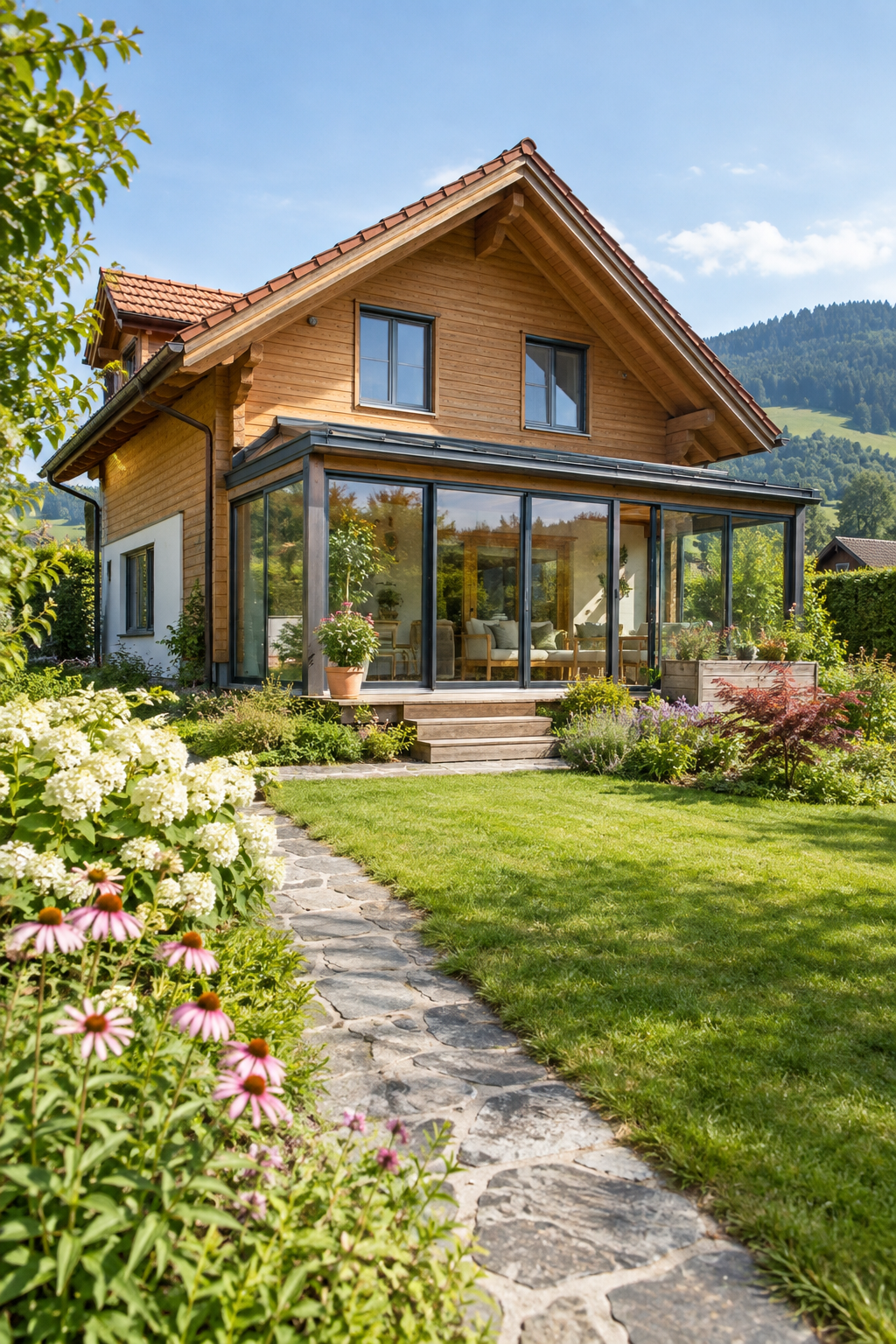 Österreichisches Holzhaus mit gepflegtem Garten als Beispiel für einen konkreten Kaufwunsch