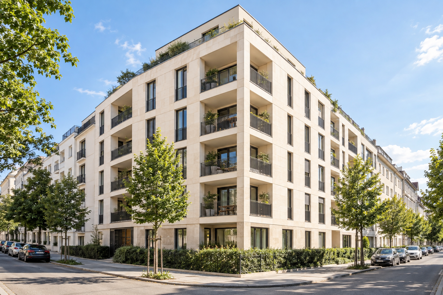 Mehrgeschossiges Wohnhaus mit Balkonen an einer städtischen Straße