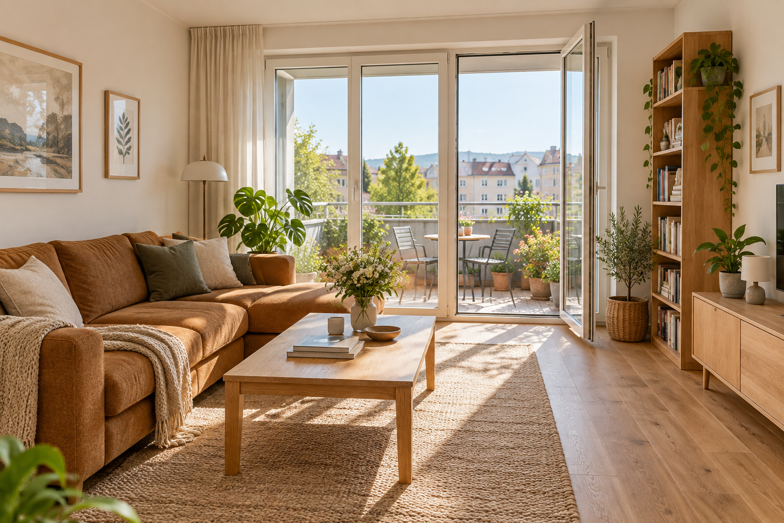 Heller Wohnraum mit Sitzbereich und Balkonzugang